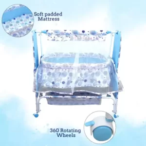 Mee Mee Baby Swinging Cradle with Mosquito Net & Storage Basket | Baby Cradle with Swinging Feature & Wheels