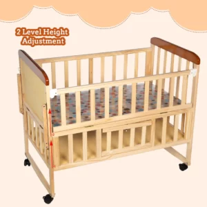 Mee Mee Rocking Wooden Baby Cot with Mosquito Net | Adjustable Height Baby Crib Bed